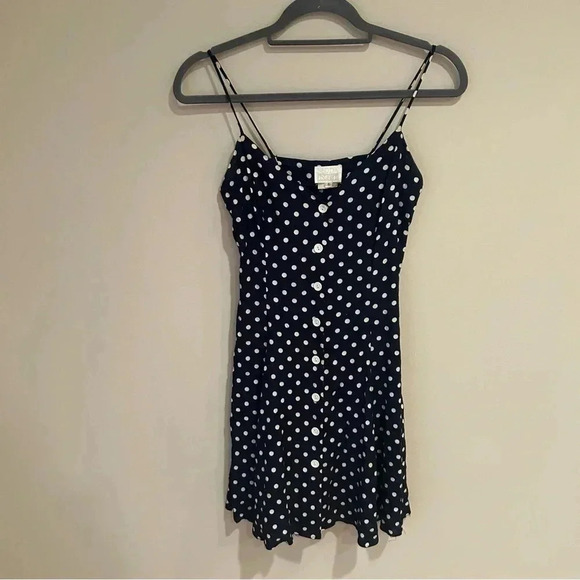 Moda International Vintage 1990s Navy White Polka Dot Button Up Mini Dress 6 - Picture 1 of 6